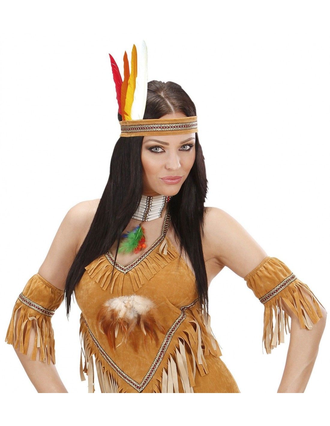 Collar indio con plumas rojas mujer: Accesorios,y disfraces